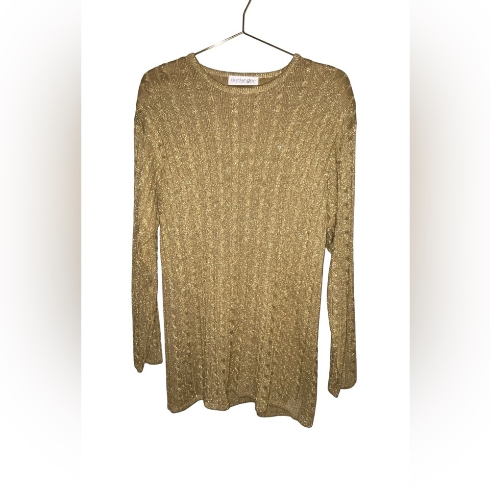 Vintage Outlander and Gold Shimmer Cable Knit Long Sweater Size Large P2P 18”